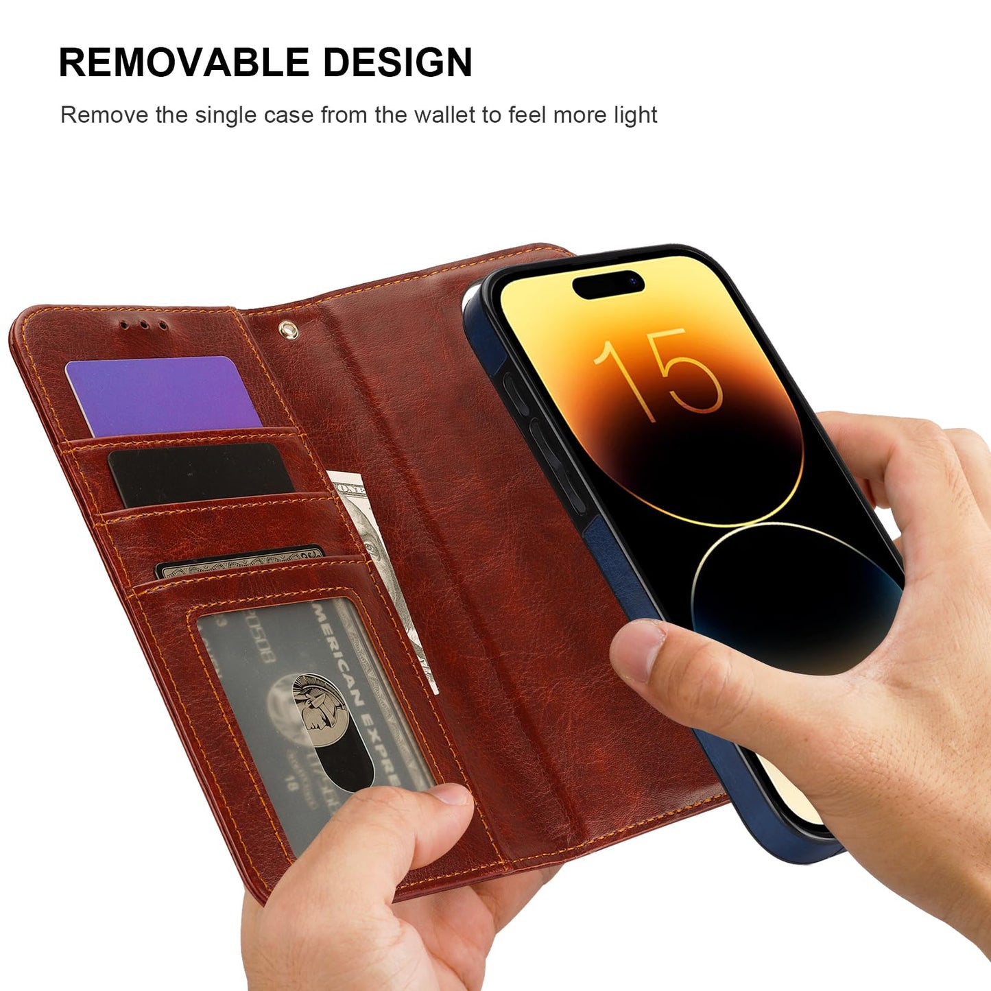 Bocasal Detachable Wallet Case for iPhone 15 Pro Max RFID Blocking Card Slots Holder Premium PU Leather Magnetic Kickstand Shockproof Wrist Strap Removable Flip Protective Cover 5G 6.7 inch (Brown)