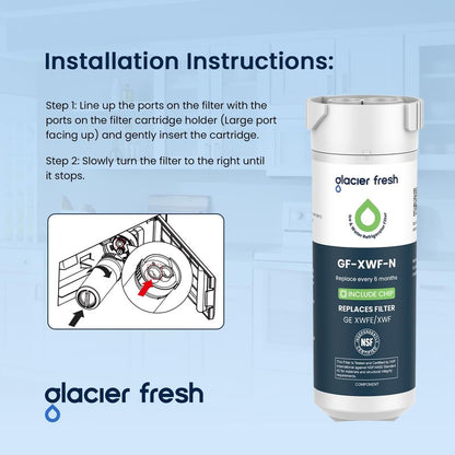 GLACIER FRESH Water Filter Compatible with XWFE (Built-in CHIP), Replacement for GE XWFE, XWF Refrigerator Water Filter NSF/ANSI 42 Certification Pack of 2