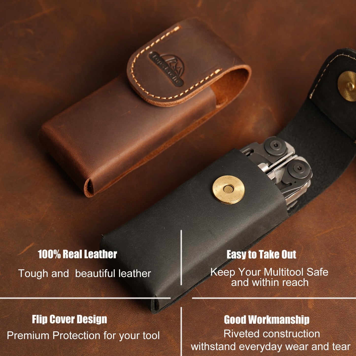 Topstache Leather Multitool Sheath for Belt - Multitool Holster for Belt - Leather Multitool Pouch - Leather Multitool Case for Belt - EDC Belt Organizer - Belt Loop Leather Multitool Holder, Black