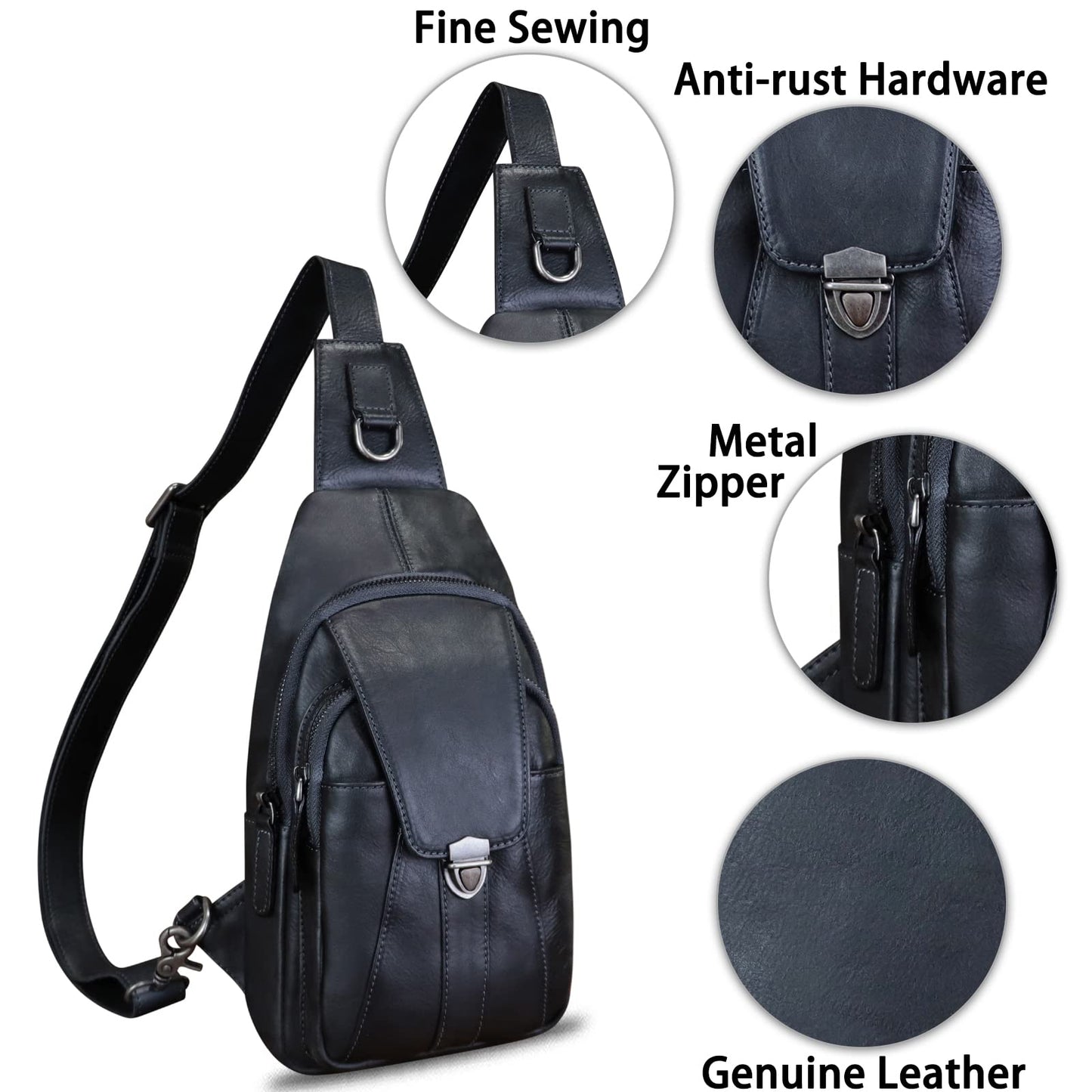 LRTO Genuine Leather Sling Bag for Women and Man Handmade Retro Hiking Crossbody Backpack Purse Chest Shoulder Daypack (Black)