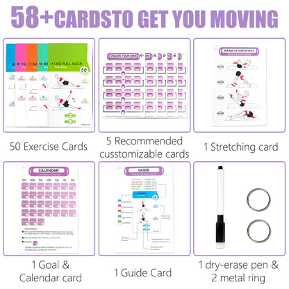 COARVXA Pilates Workouts for Women-58 Exercise Cards with Pilates Mat Workout Postures，ncludes 4-Week Challenge,2 Rings& Dry-Erase for Easy Organization-Home, Gym or Studio