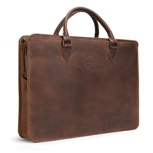 Littlefield & Co., Classic Portfolio Document Holder with Handles, Padfolio with Zipper Closure, Rustic Briefcase, Full Grain Leather, Handmade, Bourbon Brown