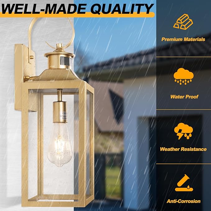 Large Motion Sensor Outdoor Wall Light 20" - Gold Dusk to Dawn Outdoor Lighting, Modern Wall Mount Light Fixture, Waterproof Porch Light Fixture for Outside House Garage, 3 Modes/Anti-Rust