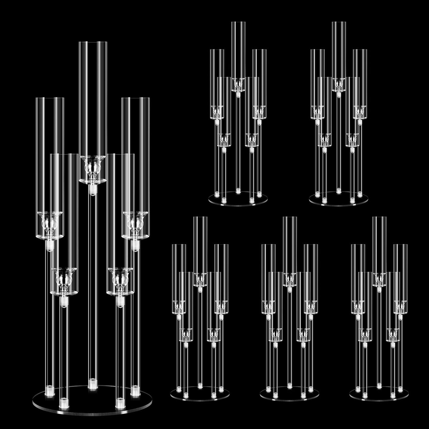 6 Set 26.8'' Tall Acrylic Candelabra Centerpieces for Wedding Table Decorations,Clear 5 Arms Candlesticks Holder with Acrylic Shade for Candlelight Dinner Party Fireplace Gift Fit LED Candle