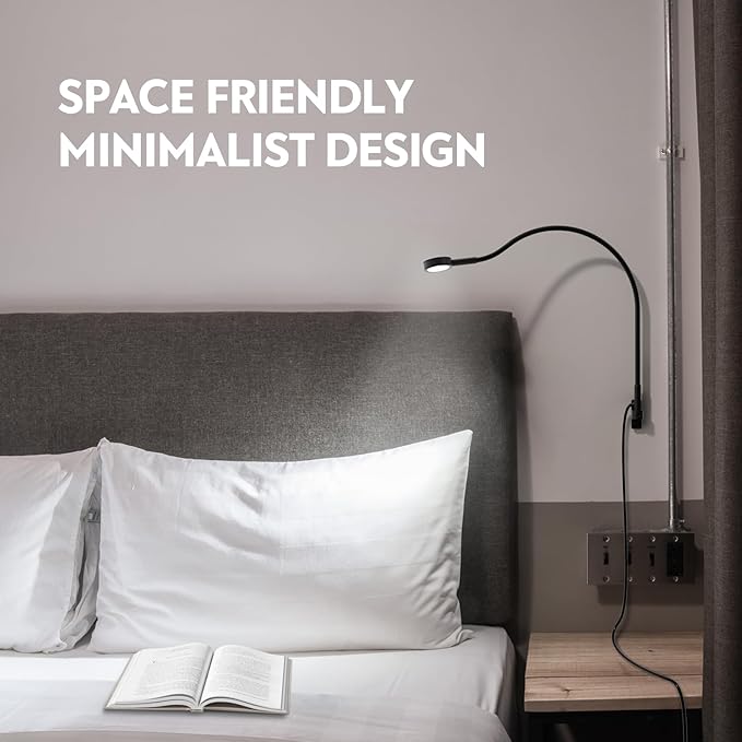 acegoo Minimalist Bedside LED Reading Light, Wall/Wooden Headboard Mounted Flexible Gooseneck Book Light, Rotatable Lamp Head & Convenient Light Head Switch, CRI 90+ 4000K, Powered by USB