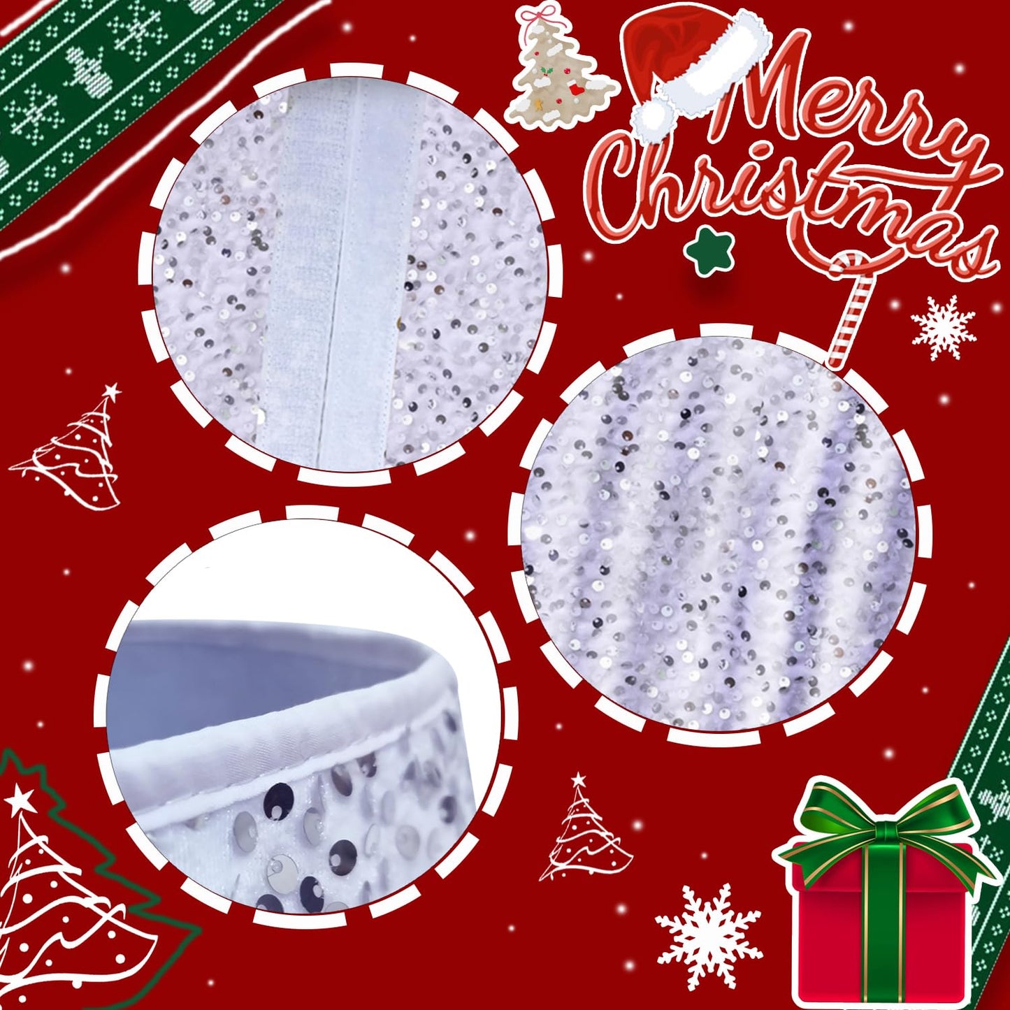 SOMUAUY Christmas Tree Collar Silver White Tree-Collar 24 Inch Halloween Christmas Tree Collars for Artificial Trees Sequin Halloween Tree Skirt for Xmas Tree Ornaments Tree Base Party Home Decor