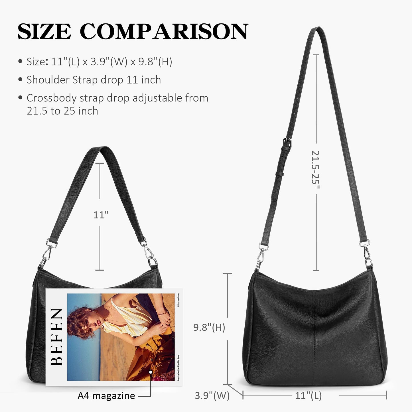 befen Black Genuine Leather Hobo Bags Purses for Women, Women's Shoulder bag Handbags Crossbody Bag with 2 Shoulder Straps