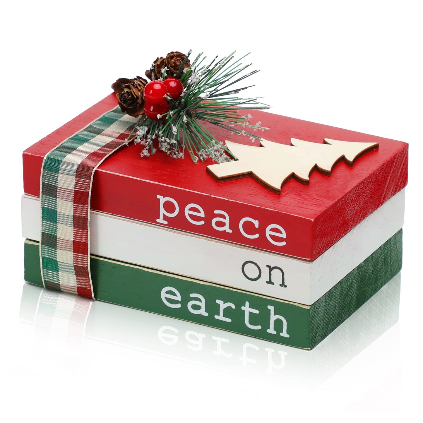 Christmas Wood Book Stack, Christmas Tiered Tray Decor, Peace on Earth Mini Faux Decorative Books with Pine Berry, Farmhouse Book Decor for Home Table Mantle Shelf