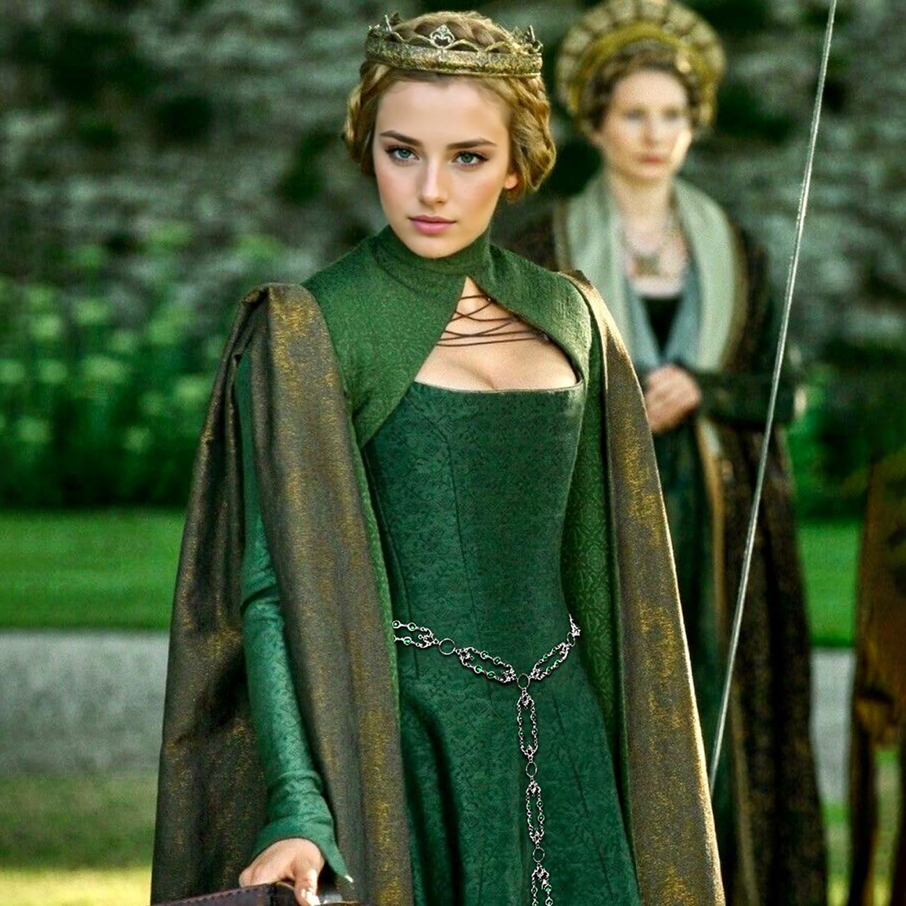 L'VOW Women Renaissance Belt Viking Witch Belt Green Waist Metal Chain Belt for Medieval Dresses