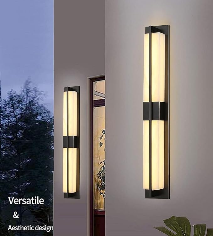 LED Outdoor Wall Lights Fixture Lamps. Modern Elegant Acrylic lampshade with Marble Texture, Aluminum Body. Exterior Black Sconce Wall Lantern IP65 Waterproof Anti Rust. (Modern LED Black 32''H, 18W)