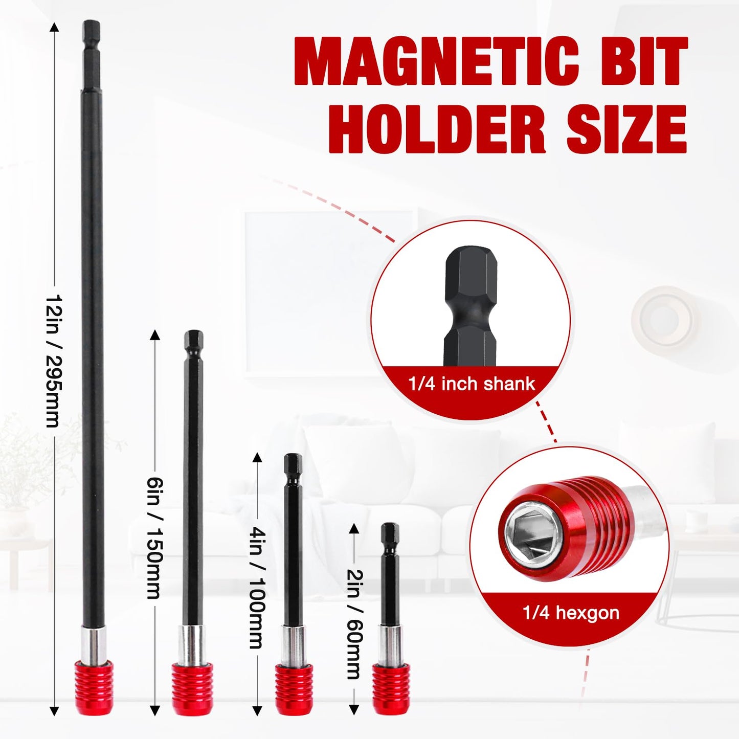 Drill Bit Extension 2/4/6/12’’, Magnetic Bit Holder 4 Pcs, Drill Extension Bit Holder 1/4’’ Hex, Bit Holder for Impact Driver CR-V Steel Quick Release for Screwdriver Bit Nut Drill Socket by XIOGZAXI