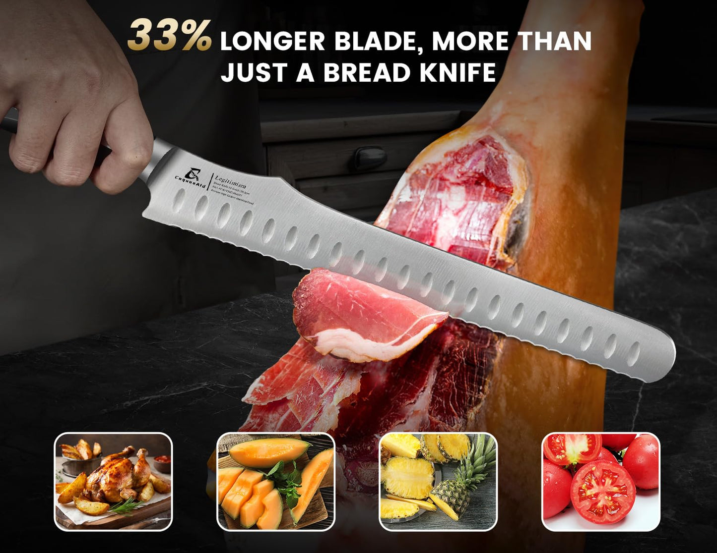 CoquusAid Bread Knife for Homemade Bread, 10.6 Inch Multifunction Serrated Knife, Razor Sharp Slicer, High Carbon German Steel Bread Cutter, Ergonomic Handle for Sourdough Turkey Fruit Cutting, Gift