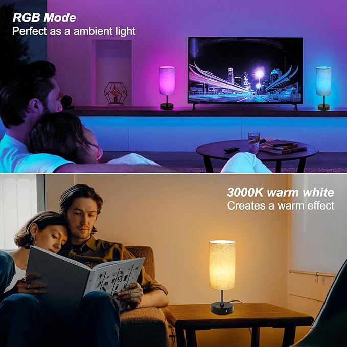 Ascher RGB Table Lamp Color Changing - 3 Color Temperatures and Stepless Dimmable Small Bedside Lamp for Bedroom, Touch Control Nightstand Light with Flaxen Shade for Reading Home Decor Lights