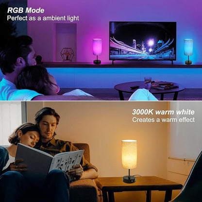 Ascher 2 Pack Table Lamp RGB Color Changing - 3 Color Temperatures Stepless Dimmable Small Bedside Lamp for Bedroom, Touch Control Nightstand Light with Flaxen Shade for Reading Home Decor Lights