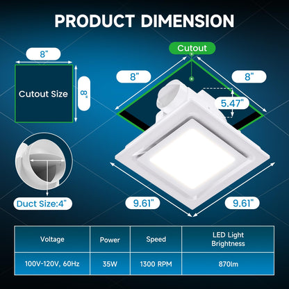 Hon&Guan Bathroom Exhaust Fan with Light 110 CFM, 1.0 Sones Quiet Ceiling Vent Fan, 3CCT LED (3000K/4000K/6000K), 9.8” Panel, 4” Duct, 22W Energy Saving, Easy Install, Ideal for Small Bathrooms