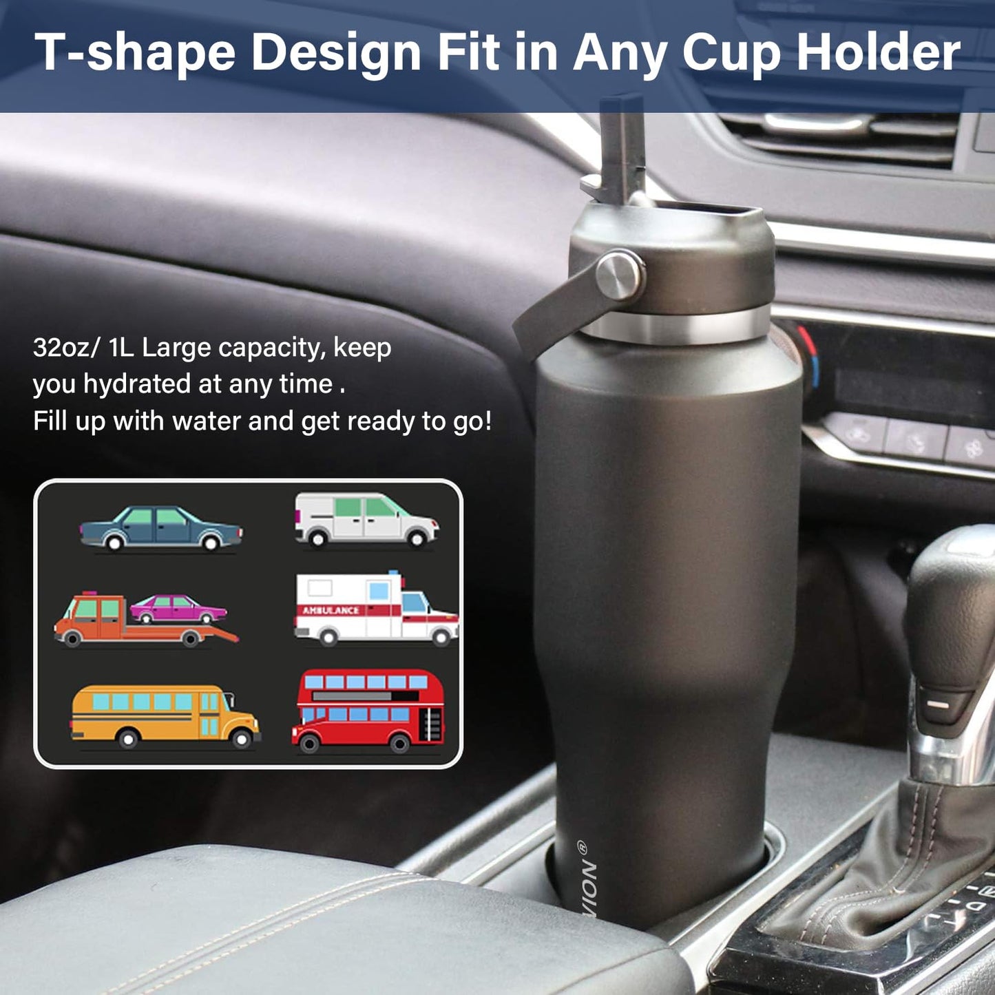HYDROWION 32oz Stainless Steel Water Bottle(Cold for 48 Hrs, Hot for 24 Hrs),Double Wall Vacuum Insulated Water Bottle with Straw Lid, Spout Lid and Flex Cap, Fit in Any Car Cup Holder,Black
