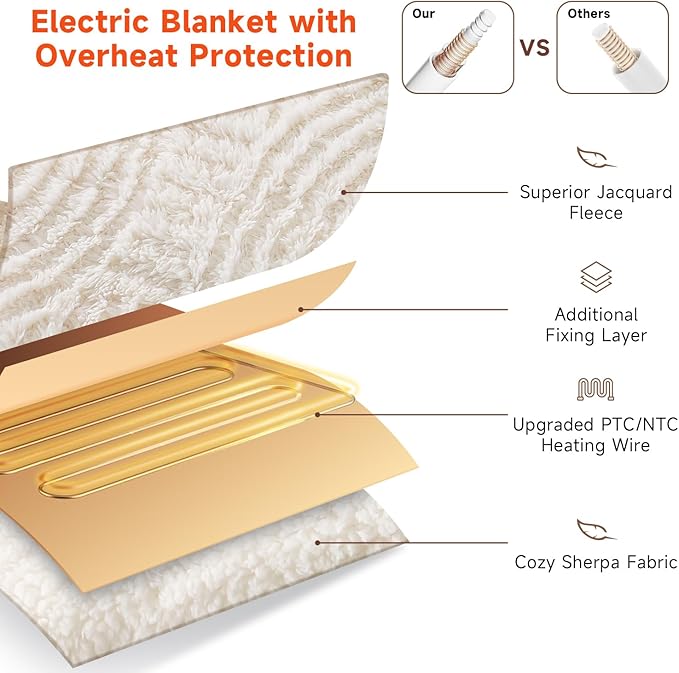 Heated Blanket Twin Size- 62"x84" Cozy Soft Jacquard Heating Blanket with 4 Heat Levels & 4 Hours Auto-Off, Jacquard Fleece, Overheating Protection, Warm Gifts, Cream