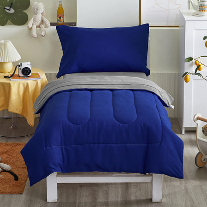 4 Pieces Toddler Bedding Set Ultra Soft and Breathable Toddler Comforter Sheet Set for Autumu and Winter- Includes Warm Comforter, Flat Sheet, Fitted Sheet and Pillowcase - Royal Blue & Gray