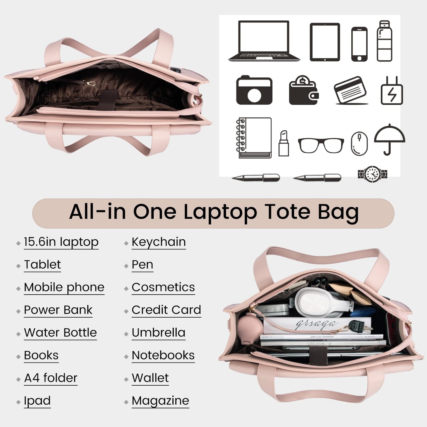 LOVEVOOK Laptop Bag for Women 15.6 Inch Laptop Tote Work Professional Leather Computer Briefcase Waterproof Handbag Shoulder Large Capacity Business Teacher Office Bag Crossbody Purse,Pink