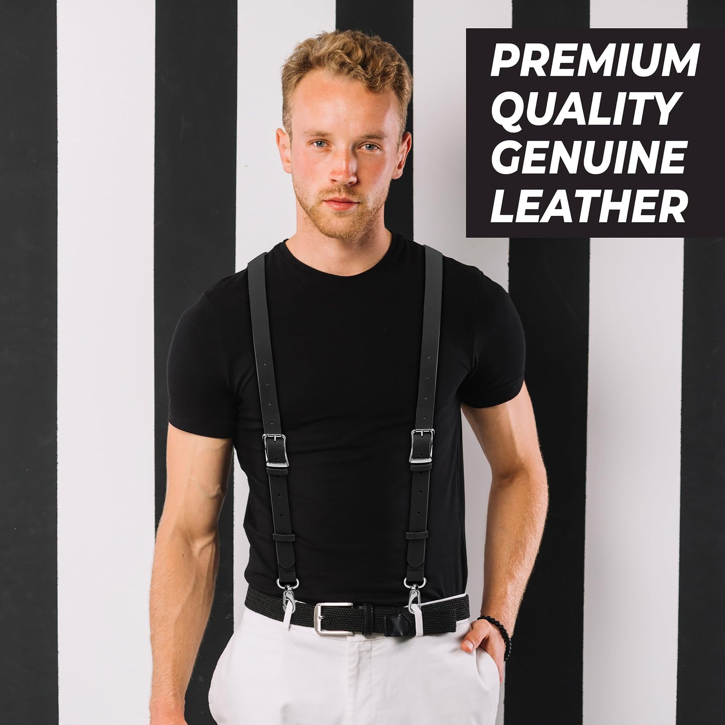 NUTUCH Grain Buffalo Leather Suspender for Men | 0.2 inchess thickness | Leather Braces | Western Heavy Duty Dress Suspender men (Black)