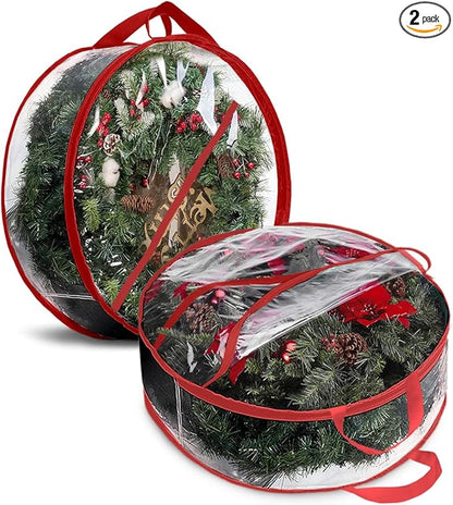 ProPik Christmas Wreath Storage Bag 36" - 2 Pack Clear Christmas Wreath Storage Container - Garland Holiday Artificial Wreath Storage Holder - Water Proof Transparent Clear PVC (36 Inch, Red)