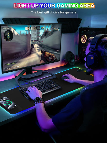 Mouse Pad with Wireless Charging, Large Desk Mat RGB Gaming Mousepad, 10 Light Colors LED Gaming Pad Keyboard Pad with Ultra-Smooth Surface & Non-Slip Rubber Base, Waterproof Full Desk Mouse Pad
