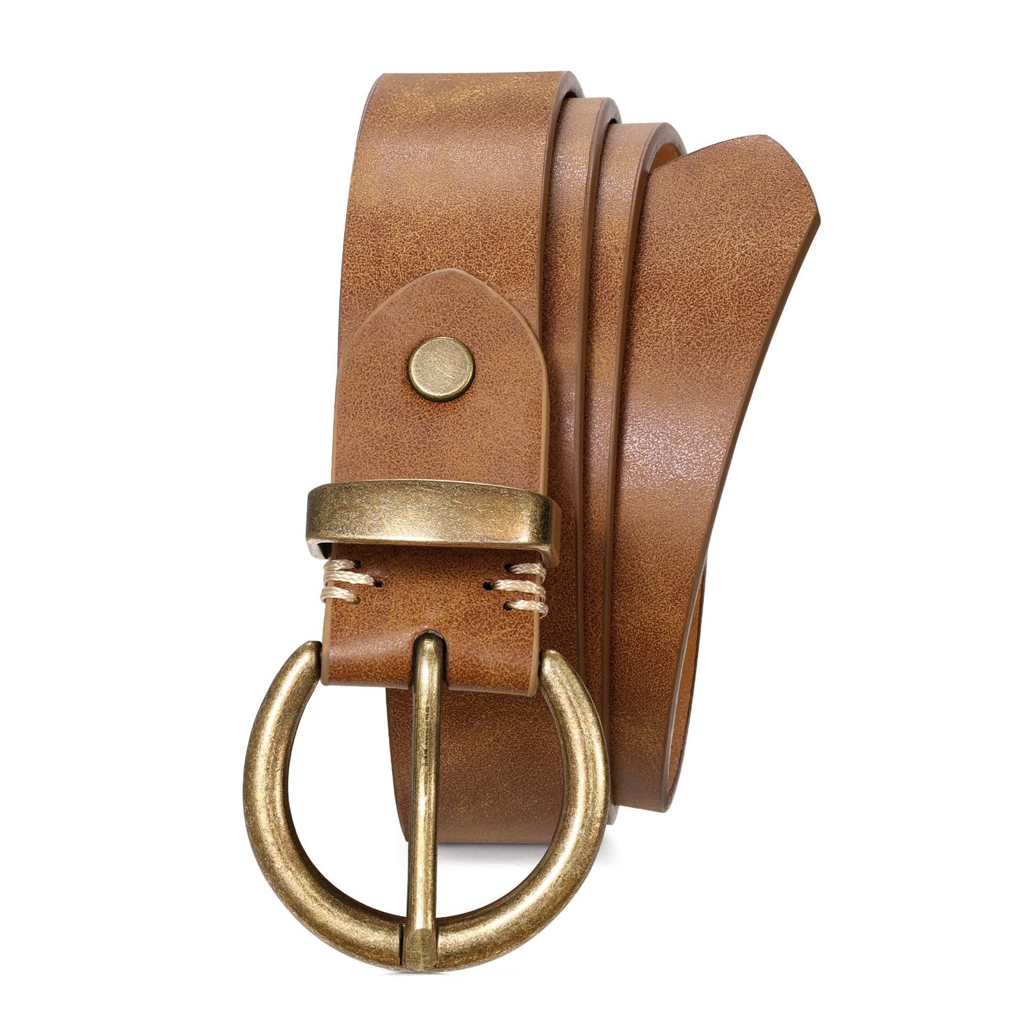 JASGOOD Women Leather Belt for Jeans Pants Vintage PU Leather Belt Solid Brass Circle Buckle for Ladies,Brown