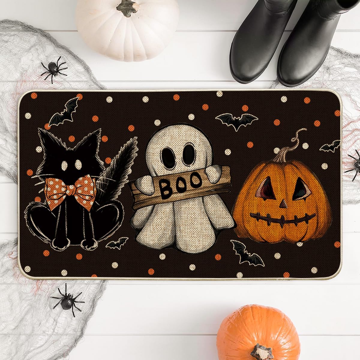 Artoid Mode Black Cat Jack-O'-Lantern Ghost Pumpkins Halloween Doormat, Seasonal Low-Profile Floor Switch Mat for Indoor Outdoor 17x29 Inch