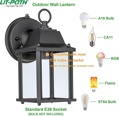 LIT-PaTH Dusk to Dawn Outdoor Wall Lantern, Wall Sconce, Waterproof Proch Light Fixture E26 Base, Aluminum Housing Glass Shade, Outdoor Rated, 2-Pack, Black