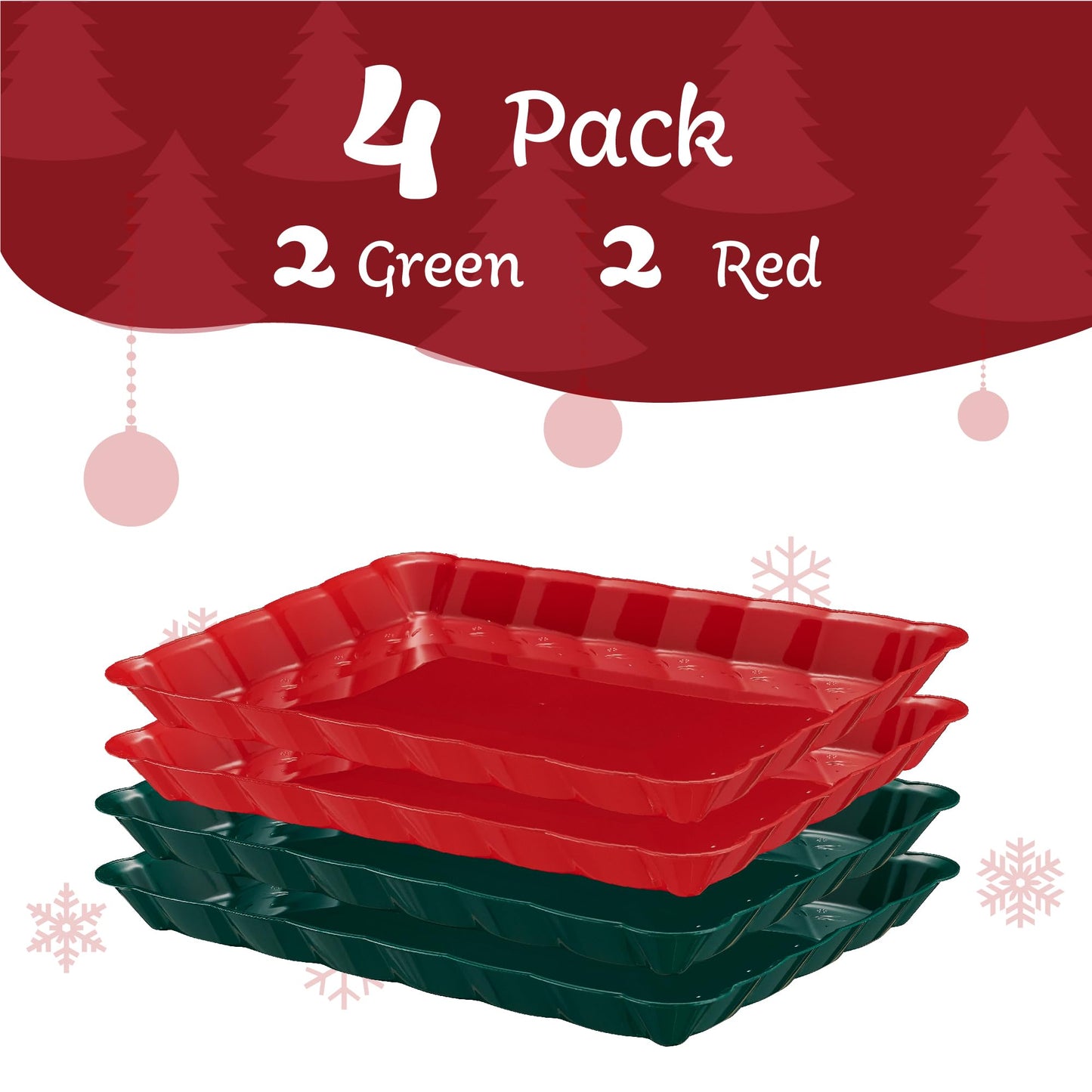 Plasticpro Plastic Serving Trays - Serving Platters Rectangle 9X13 Disposable Party Dish Includes 2 Green & 2 Red Christmas Trays
