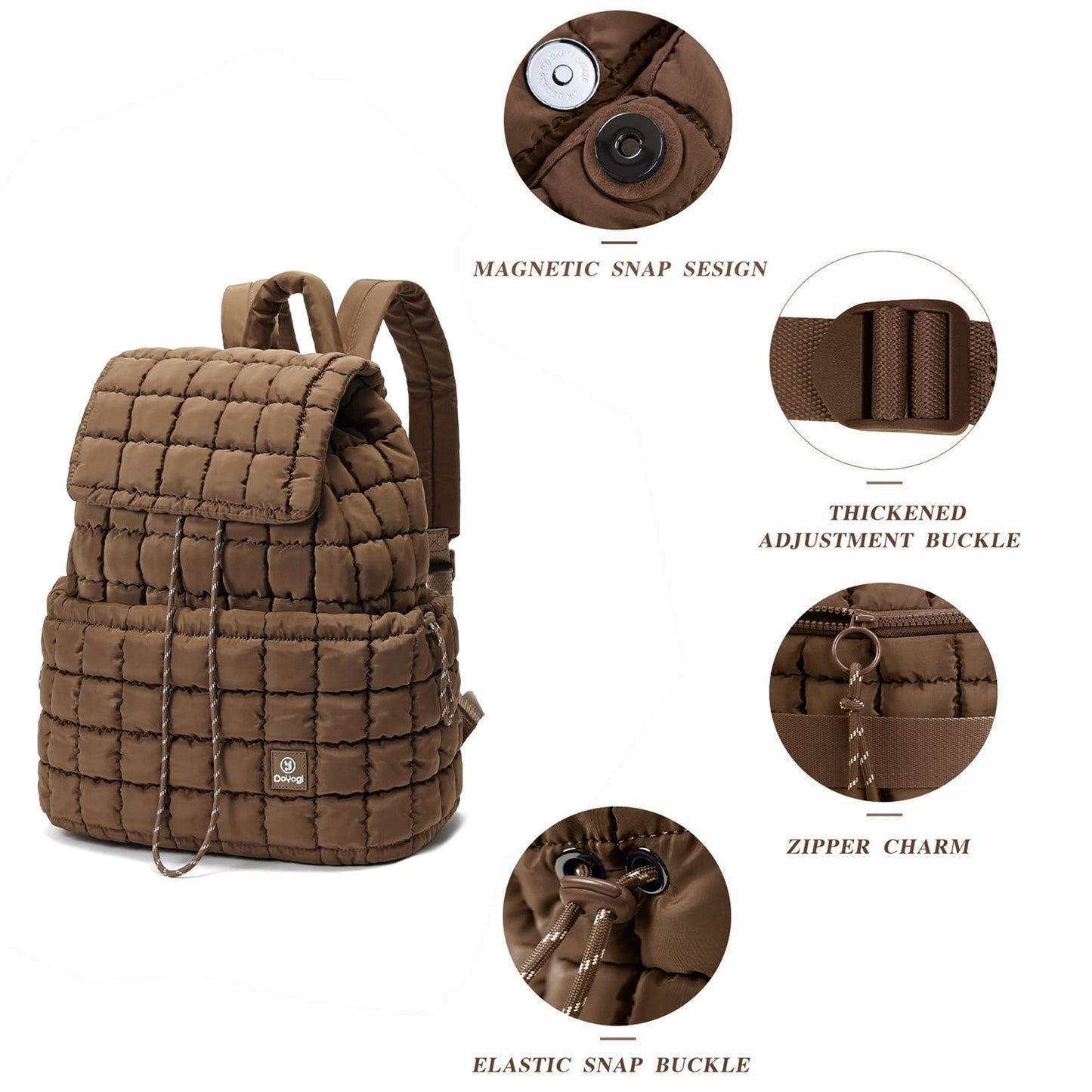 DOYOGI Quilted Backpack for Women, Lightweight Travel Gym Bag, Hiker Pack Drawstring Padding Backpacks, Puffer Travel Bag for Casual Daypack(Brown)