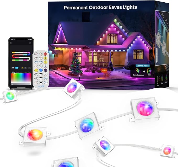 200FT RGB+IC LED Permanent Outdoor Lights, Eave Lights with Smart APP & Remote Control, 72 Scene Modes, Waterproof IP65 for Holiday Christmas Decorations(Extension Cord Not Included)