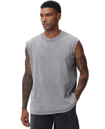 SnowElve 4 Pack Mens Workout Tank Tops Sleeveless Tee Shirts Men Muscle Shirt Gym Acid Wash T Shirts Running Beach Loose Fit Tee(BKGYAGBG,L)