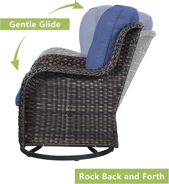 Rilyson Wicker Patio Furniture Set - 5 Piece Rattan Outdoor Sectional Conversation Sets with 2 Rocking Swivel Chairs,2 Ottomans and 1 Loveseat for Porch Deck Garden(Brown/Blue)