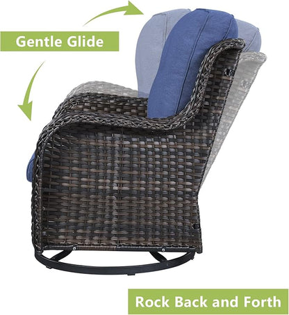 Rilyson Wicker Patio Furniture Set - 6 Piece Rattan Outdoor Sectional Conversation Sets with 2 Swivel Rocking Chairs,2 Ottomans,1 Sofa and 1 Coffee Table for Porch Deck Garden(Brown/Blue)