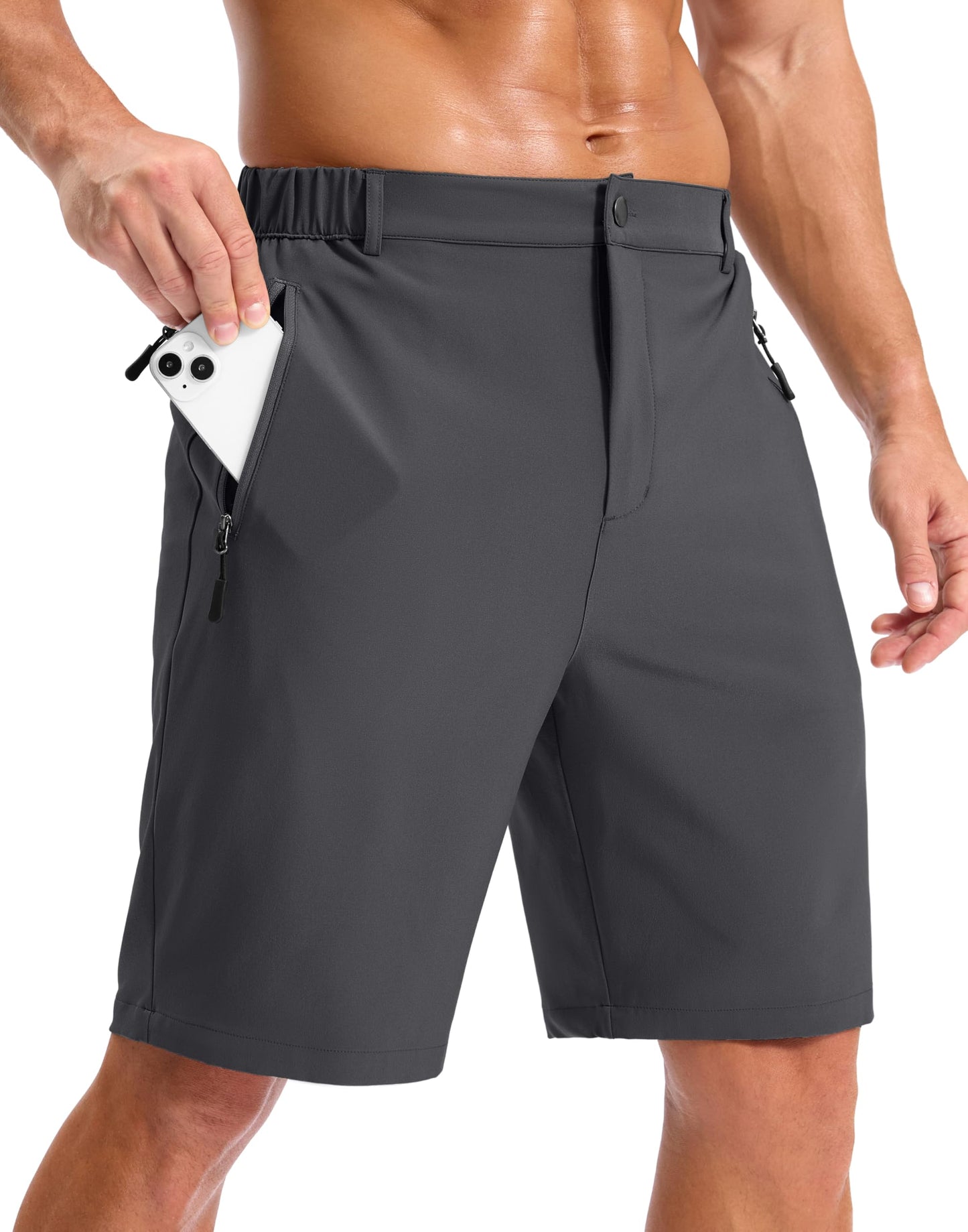 Pudolla Mens Hiking Shorts 5"/7"/9" Lightweight Quick Dry Casual Golf Shorts for Men Work Fishing with 3 Zipper Pockets(Dark Grey 9 Inseam-L)