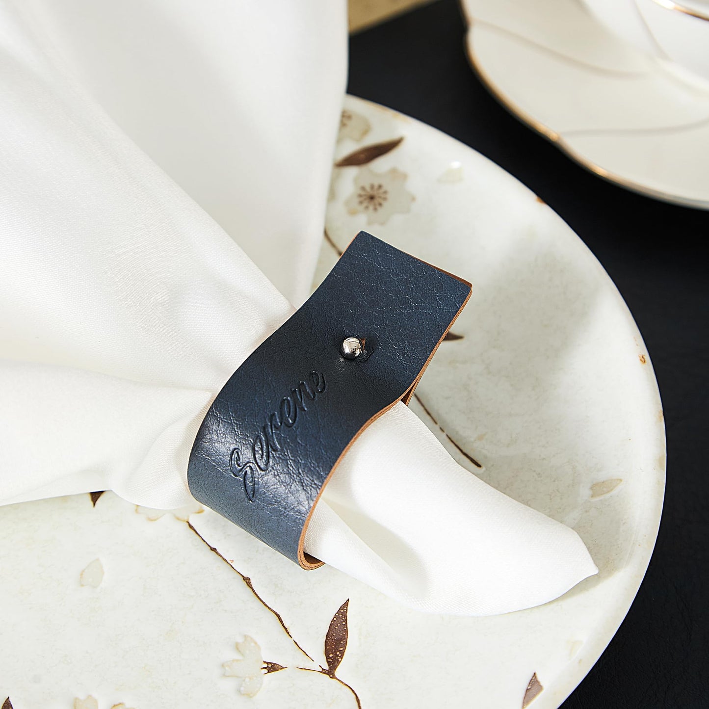 Navy Blue Napkin Rings Set of 6 – Elegant Leather Napkin Ring Holders, Double-Sided Waterproof, Durable Table Decor for Easter, Weddings & Dinner Parties, Stylish Table Setting Accessories