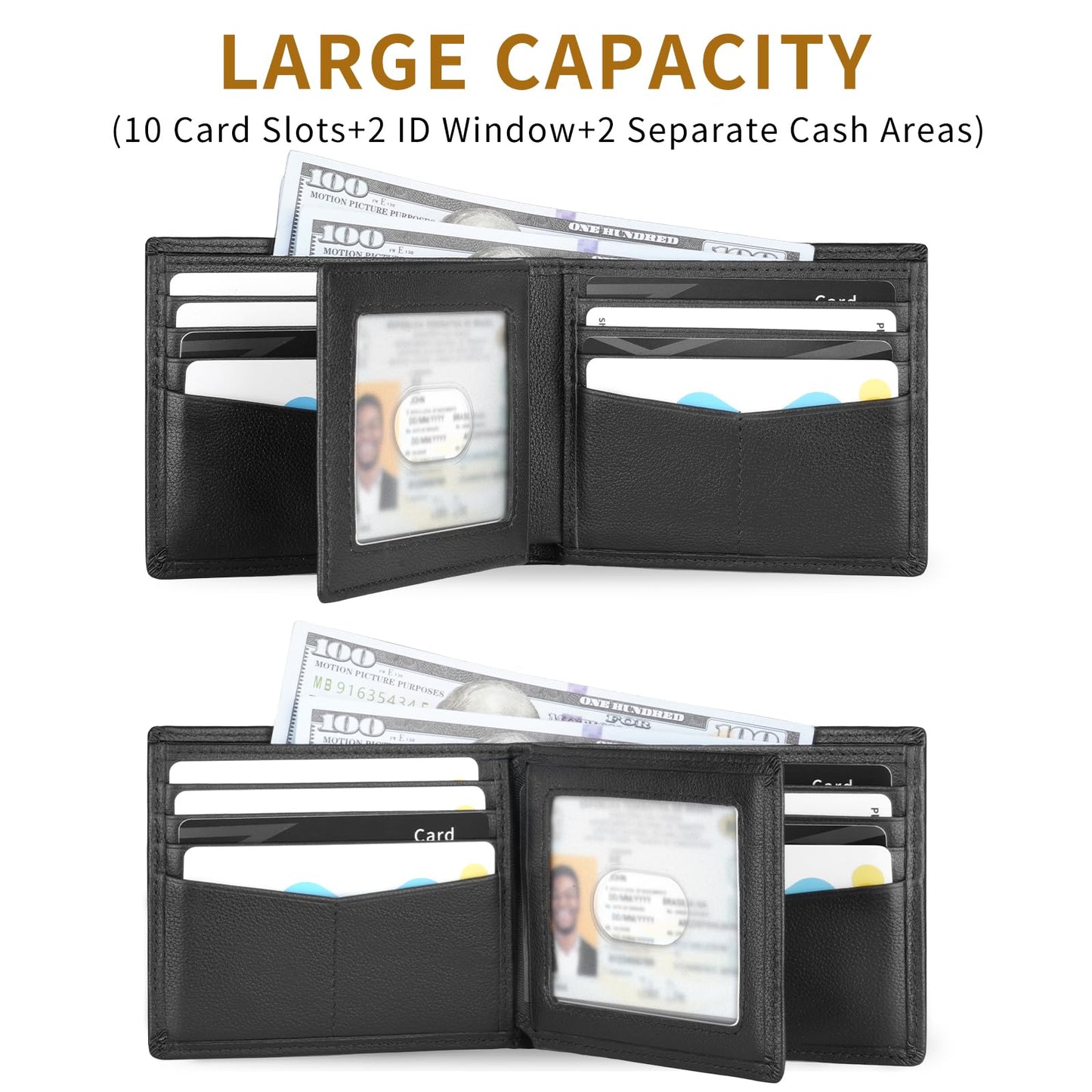 LATKWO Mens Wallet - Genuine Leather Bifold RFID Blocking Slim Front Pocket Large Capacity with 10 Card Slots, 2 ID Windows & 2 Cash Pockets - Heavy Duty Stitched Gift for Men (Black)