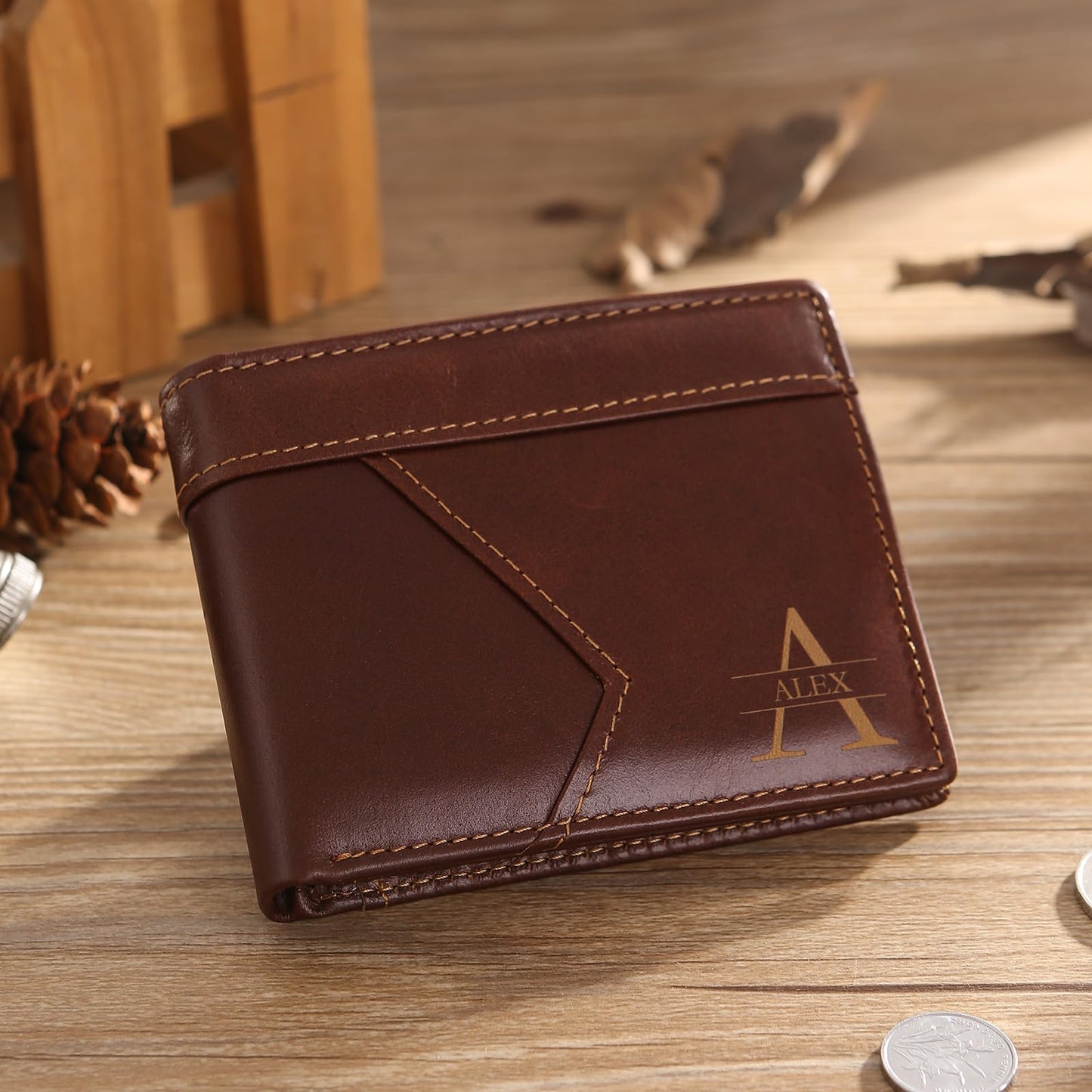 Personalized Genuine Leather Wallet for Men with Custom Name & Initial – Fathers Day Gift for Dad, Husband,Boyfriend– RFID Blocking Bifold Wallet, Unique Customized Gift for Men (Style 1)
