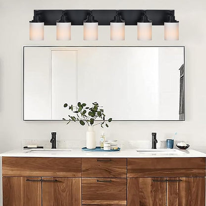 MELUCEE 6 Light Vanity Lighting Fixtures, Matte Black Bathroom Vanity Light with Milky White Glass Shade, Industrial Wall Sconce Lighting for Bath Dressing Room Living Room Hallway