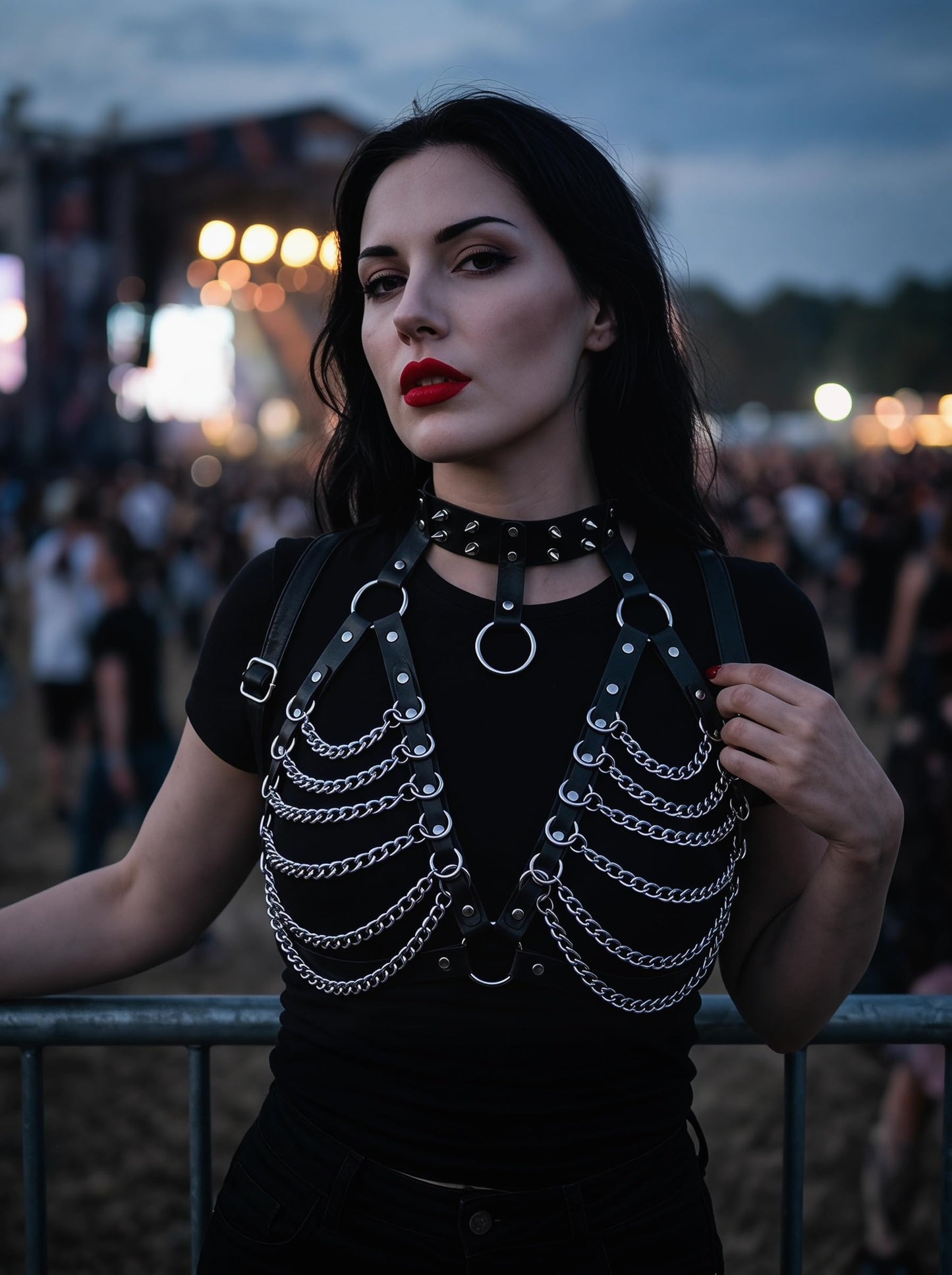 Punk Layered Chest Chain,Leather Bra CageStyle Shoulder Strap,Punk Black Leather Chest Harness Body Waist Chain Belt Rave Nightclub Belly Bra Jewelry Accessor for Halloween Carnival