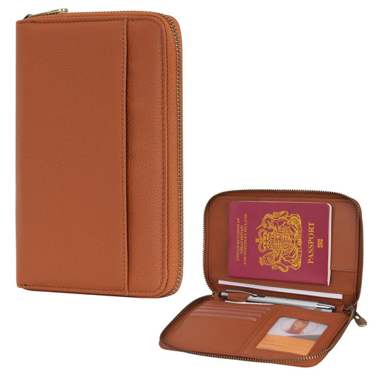 WASON Leather Zipper Travel Passport Wallet Holder RFID Blocking Cover, Passport case Pocket Slot for Card, Cash, ID, Boarding Pass and Ticket for Men, Women and Family Trips (Brown)