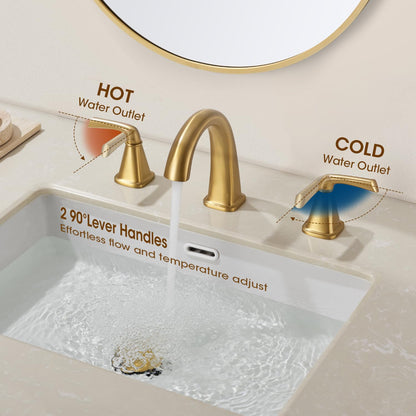 JABBOL Gold Bathroom Faucet,Brushed Gold Bathroom Faucet,Brass Sink Faucets,Bathroom Faucet 3 Hole Brushed Nickel，with Pop Up Drain Supply Hose for Vanity,Lavatory RV Farmhouse