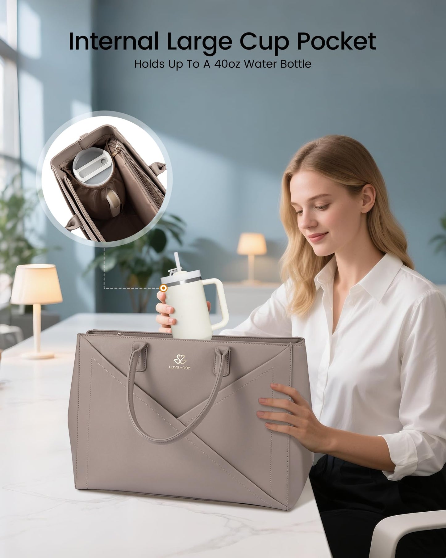 LOVEVOOK Laptop Tote Bag for Women with Large Cup Holder, 16 Inch PU Leather Work Bag Teacher Tote Bag, Waterproof Computer Bags Business Office Briefcase Handbag