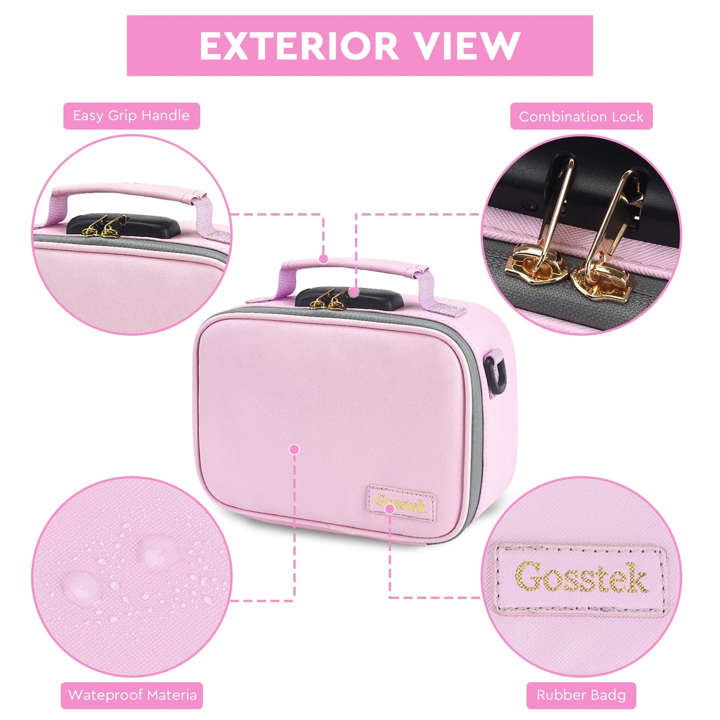 Gosstek Pink Leather Cosmetic Carrier Bag with 10 Accessories, Premium Organizers Box Case with Combination Lock and Great Gift for Women, Childproof Organization Container Pouch 9 X 6 X 4 Inches.