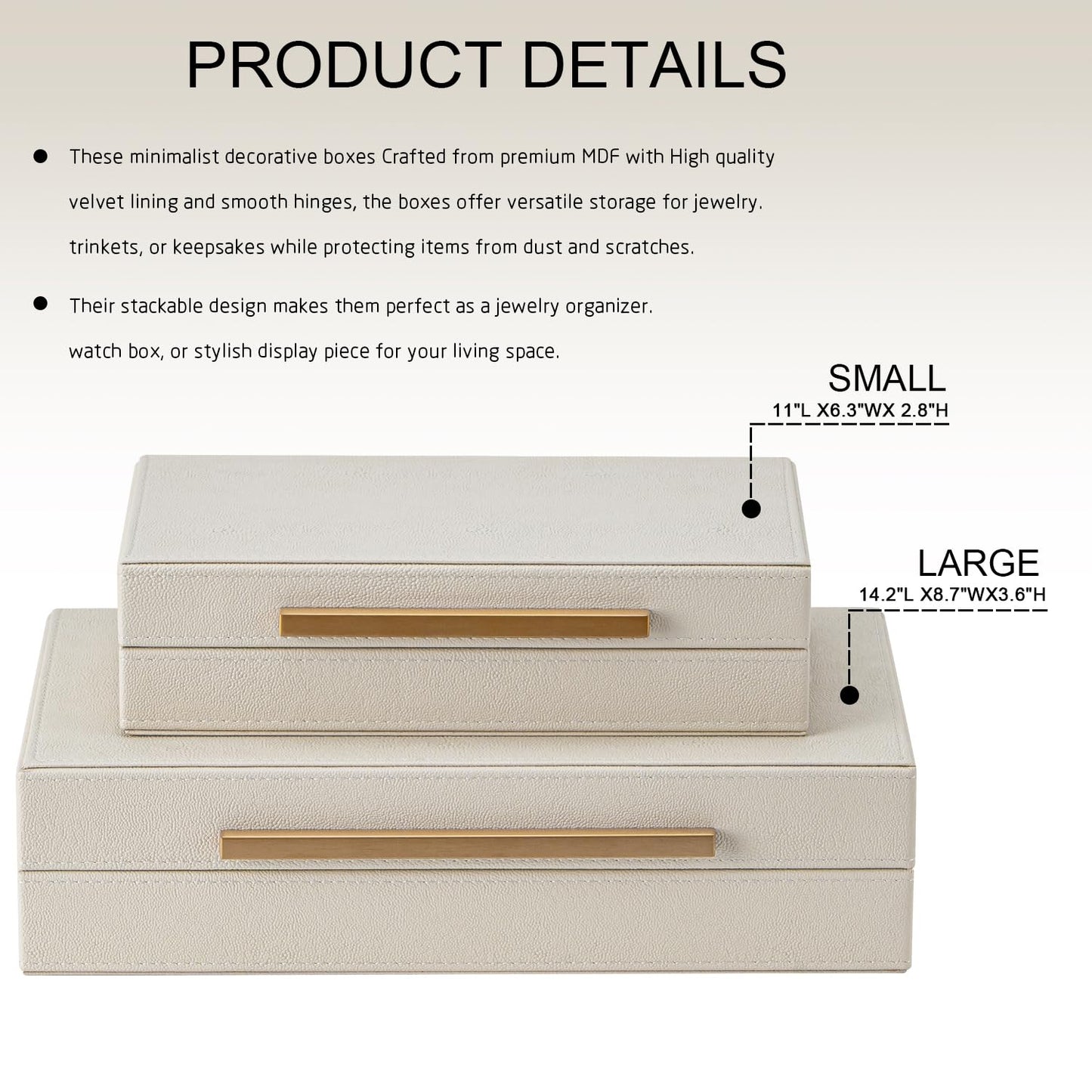 SYYSY Set of 2 Beige Shagreen Decorative Storage Boxes with Gold Metal Handles – Faux Leather Jewelry & Memory Boxes, Nesting Photo Organizers for Home Decor