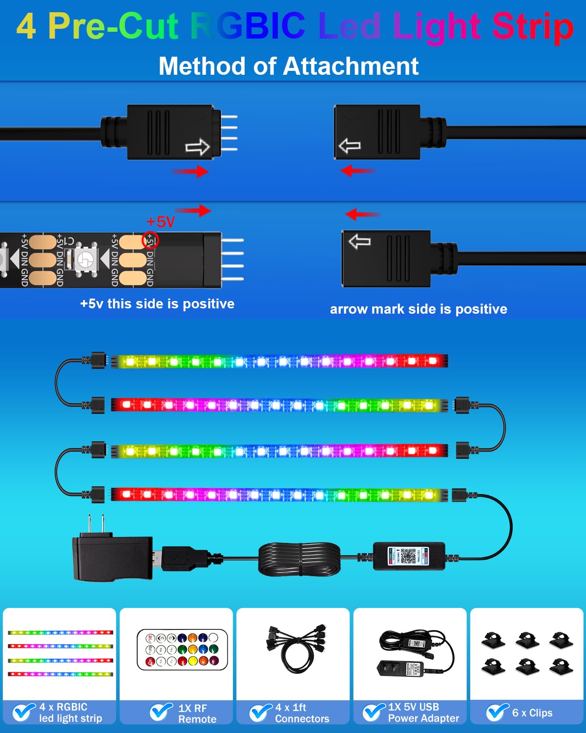 Keiurot 4 Pre-Cut RGB LED Strip Lights with App Remote Control, 5V USB