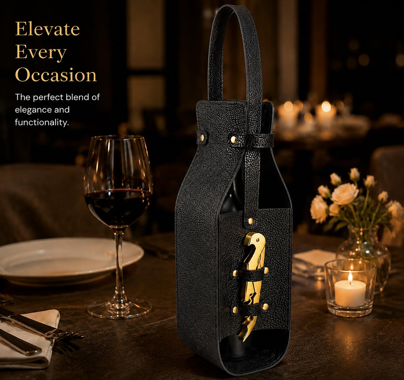 Wine Gift Bag with Wine Opener - Vegan PU Leather Single Bottle Luxury Wine Bag with Corkscrew - Elegant Wine Carrier for Travel, Picnic, Birthday, Housewarmings, Anniversaries Wedding Gifts