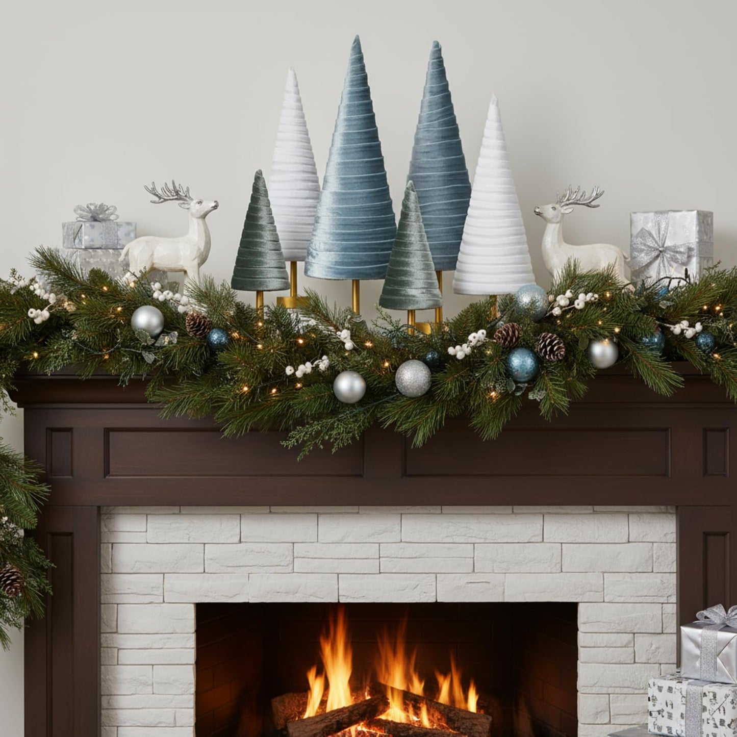 Hoolerry 6 Pcs Christmas Velvet Trees with Gold Pedestal Christmas Velvet Cones Tree Mantel Decor Modern Rustic Winter Home Minimalist for Holiday Entryway Table Wedding Centerpiece(Morandi)