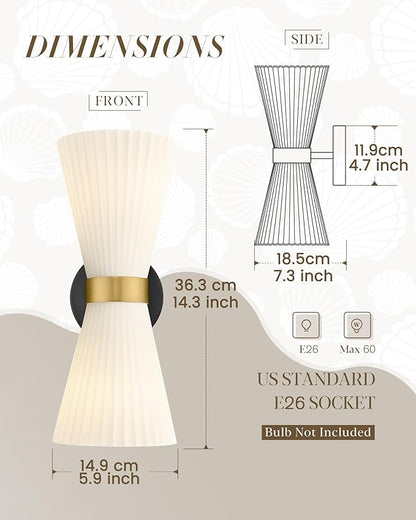 Indoor Wall Sconces, HWH Hardwired Black and Gold Bathroom Sconces Wall Lighting with Frosted Milk White Striped Glass, Modern Sconces Wall for Bathroom Hallway, 5HZG97B-2W BK+BG